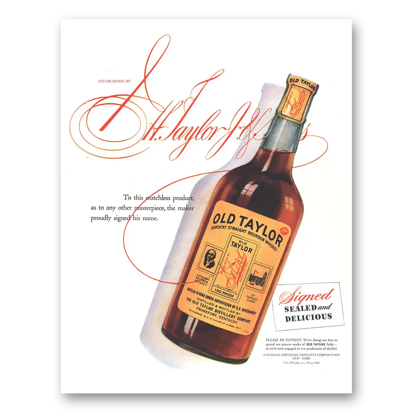 1944 Old Taylor Bourbon Whiskey To This Matchless Product Vintage Magazine Print Ad