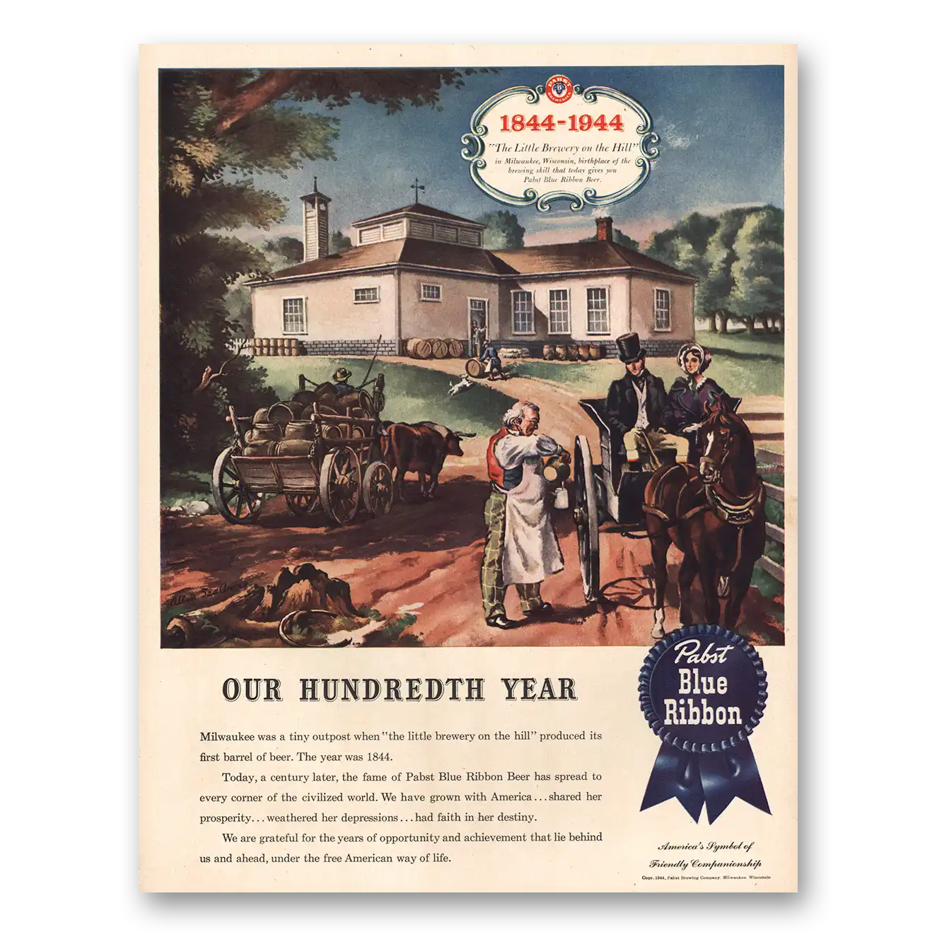 1944 Pabst Blue Ribbon Beer Our Hundredth Year Vintage Magazine Print Ad