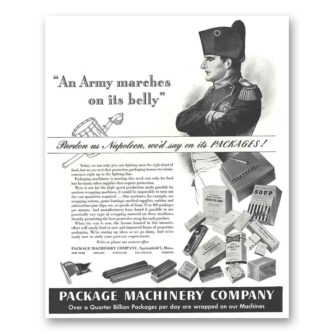 1944 Package Machinery Company An Army Marches On Its Belly Vintage Magazine Print Ad