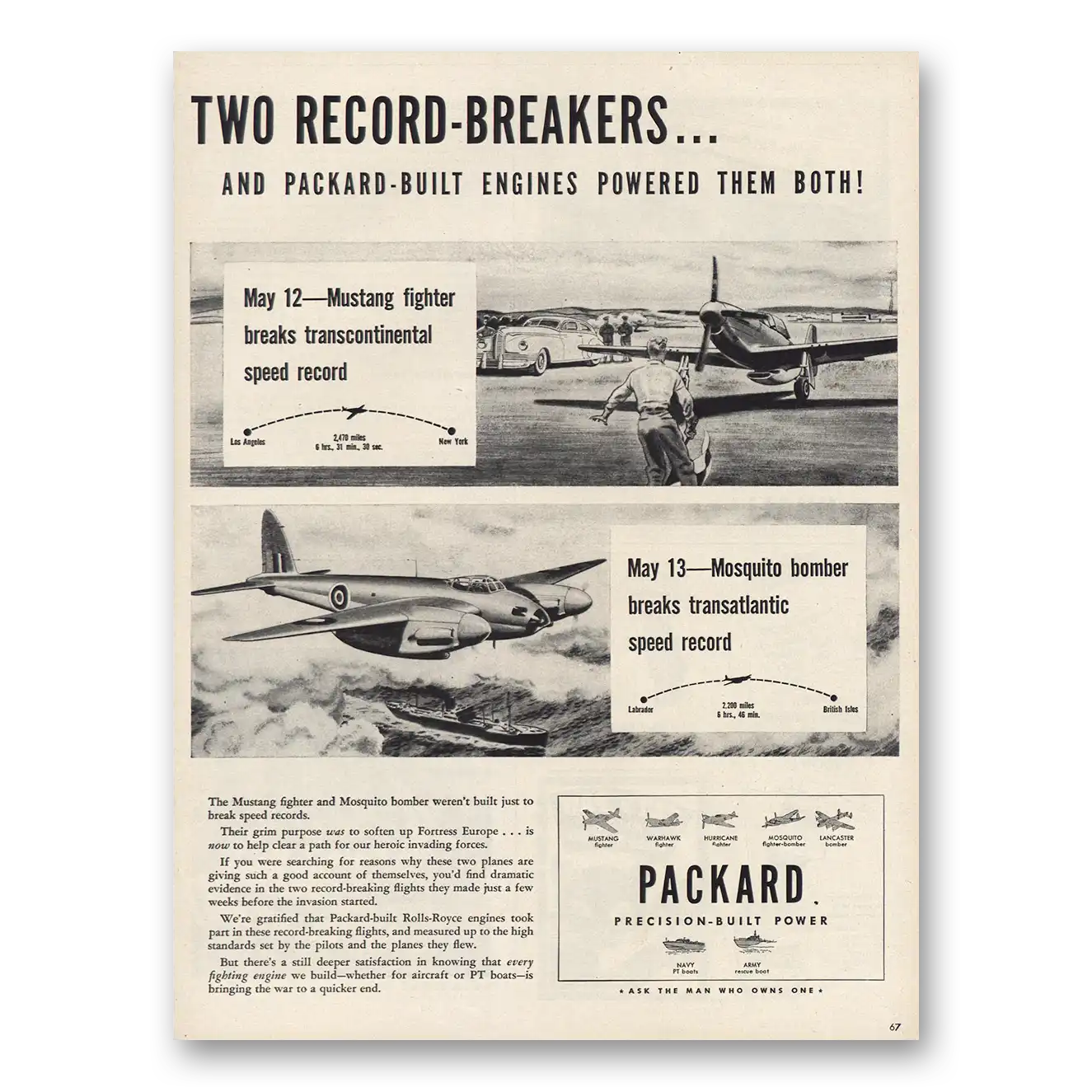 1944 Packard Mustang Fighter and Mosquito Bomber Vintage Magazine Print Ad