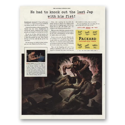 1944 Packard Precision Built Power Knock Out the Last Jap With His Fist Vintage Magazine Print Ad