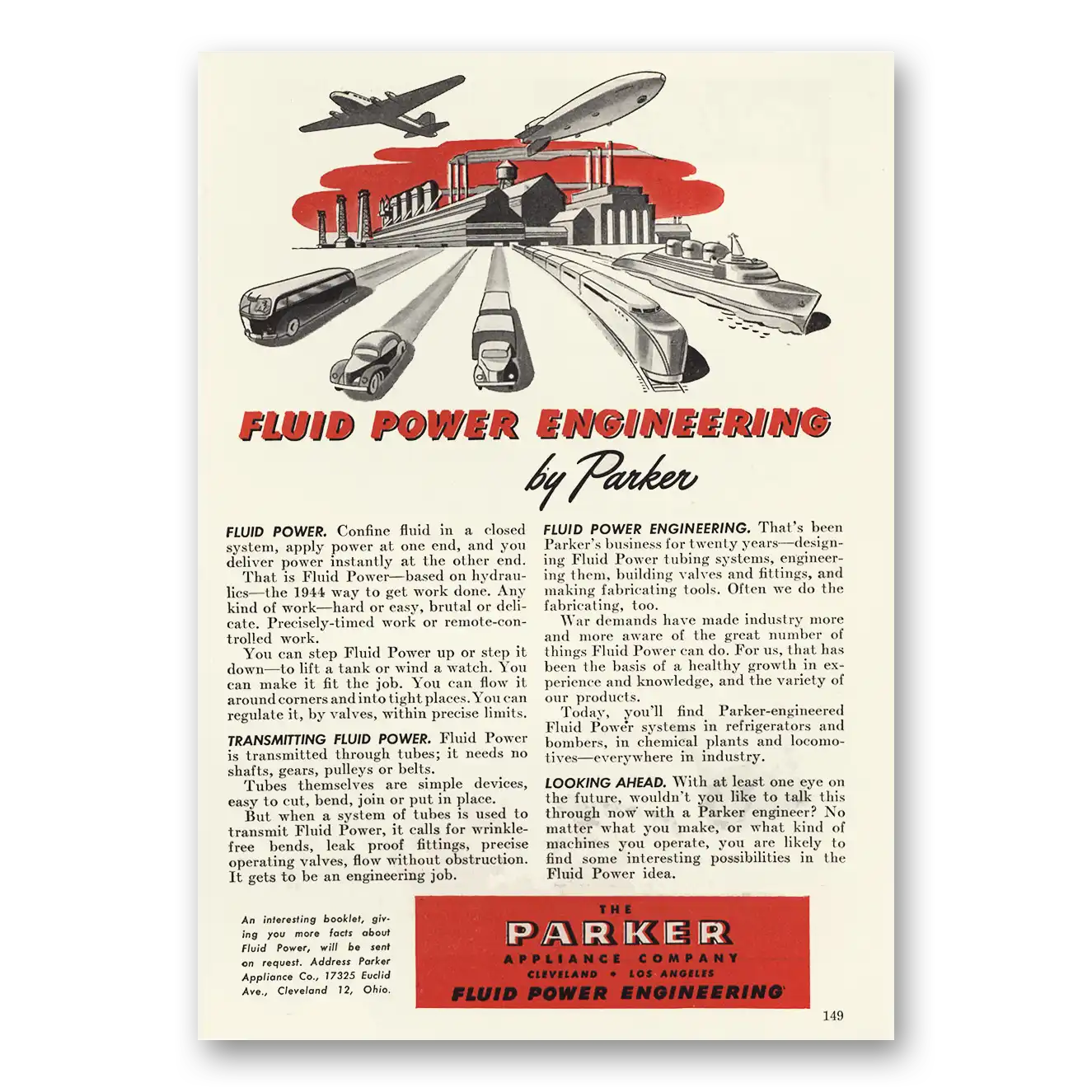 1944 Parker Appliance Fluid Power Engineering Vintage Magazine Print Ad