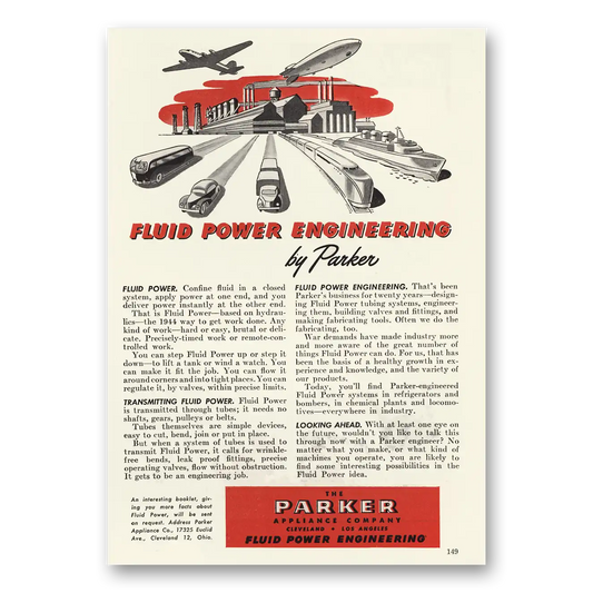 1944 Parker Appliance Fluid Power Engineering Vintage Magazine Print Ad