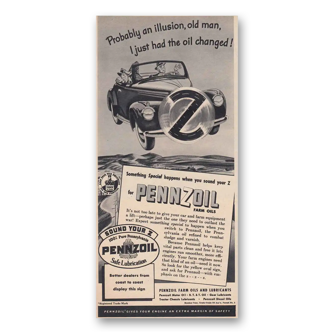 1944 Pennzoil Flying Car Vintage Magazine Print Ad