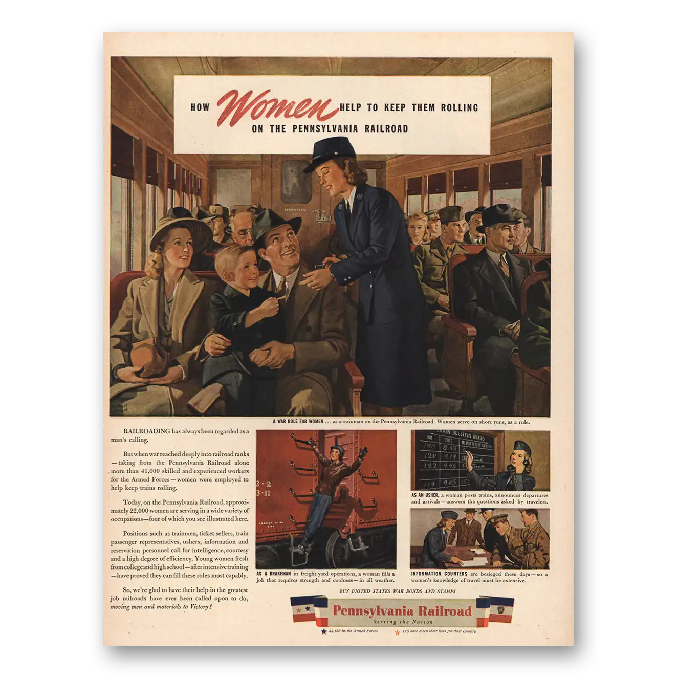 1944 Pennsylvania Railroad Women Help To Keep Them Rolling Vintage Magazine Print Ad