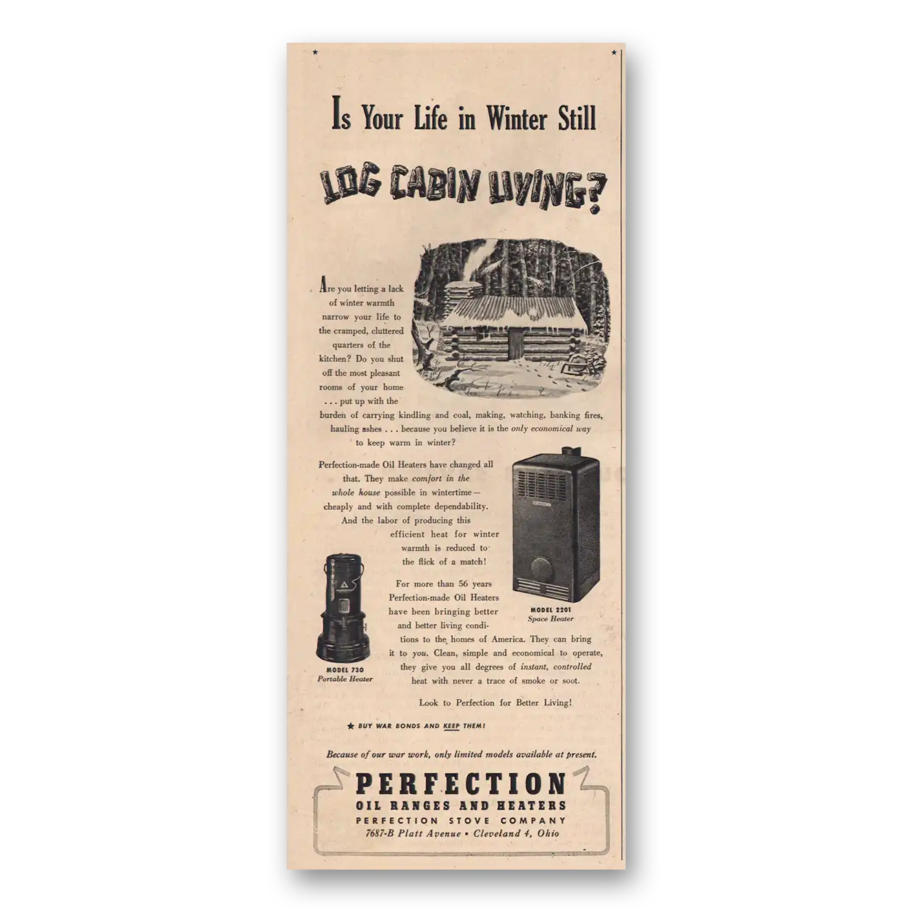 1944 Perfection Oil Ranges Log Cabin Living Vintage Magazine Print Ad