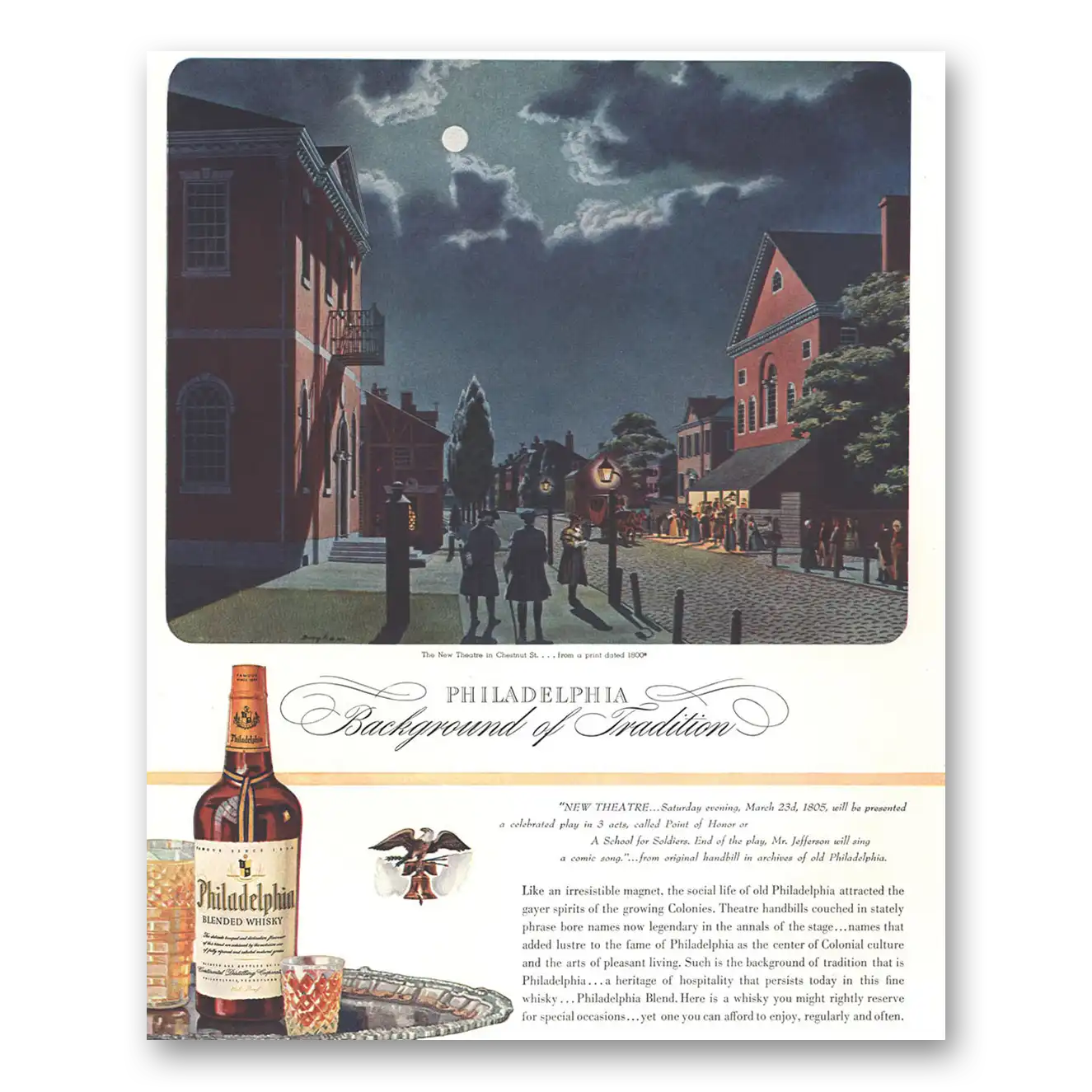 1944 Philadelphia Blended Whisky New Theatre Chestnut Street Vintage Magazine Print Ad