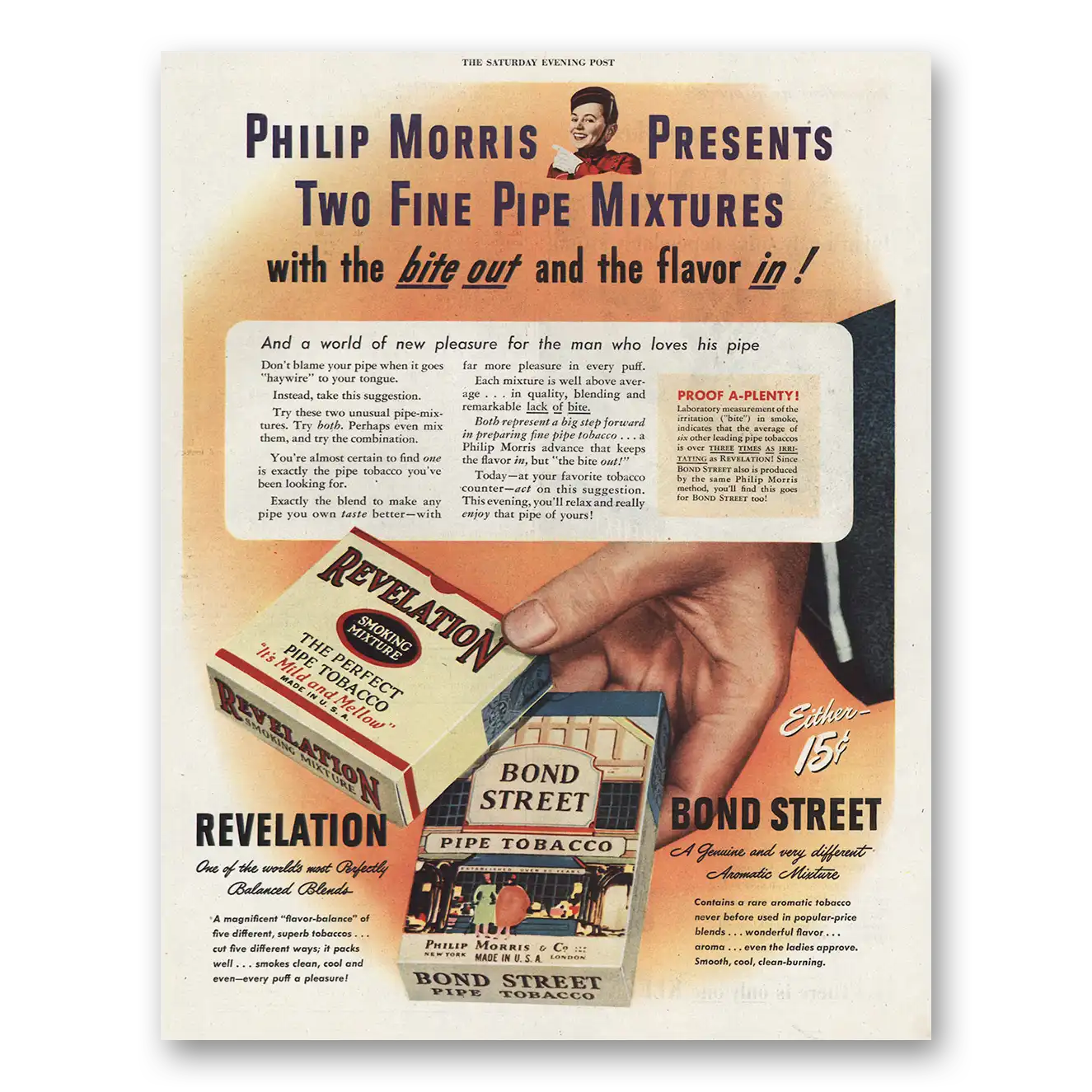 1944 Revelation and Bond Street Pipe Tobacco Two Fine Pipe Mixtures Vintage Magazine Print Ad