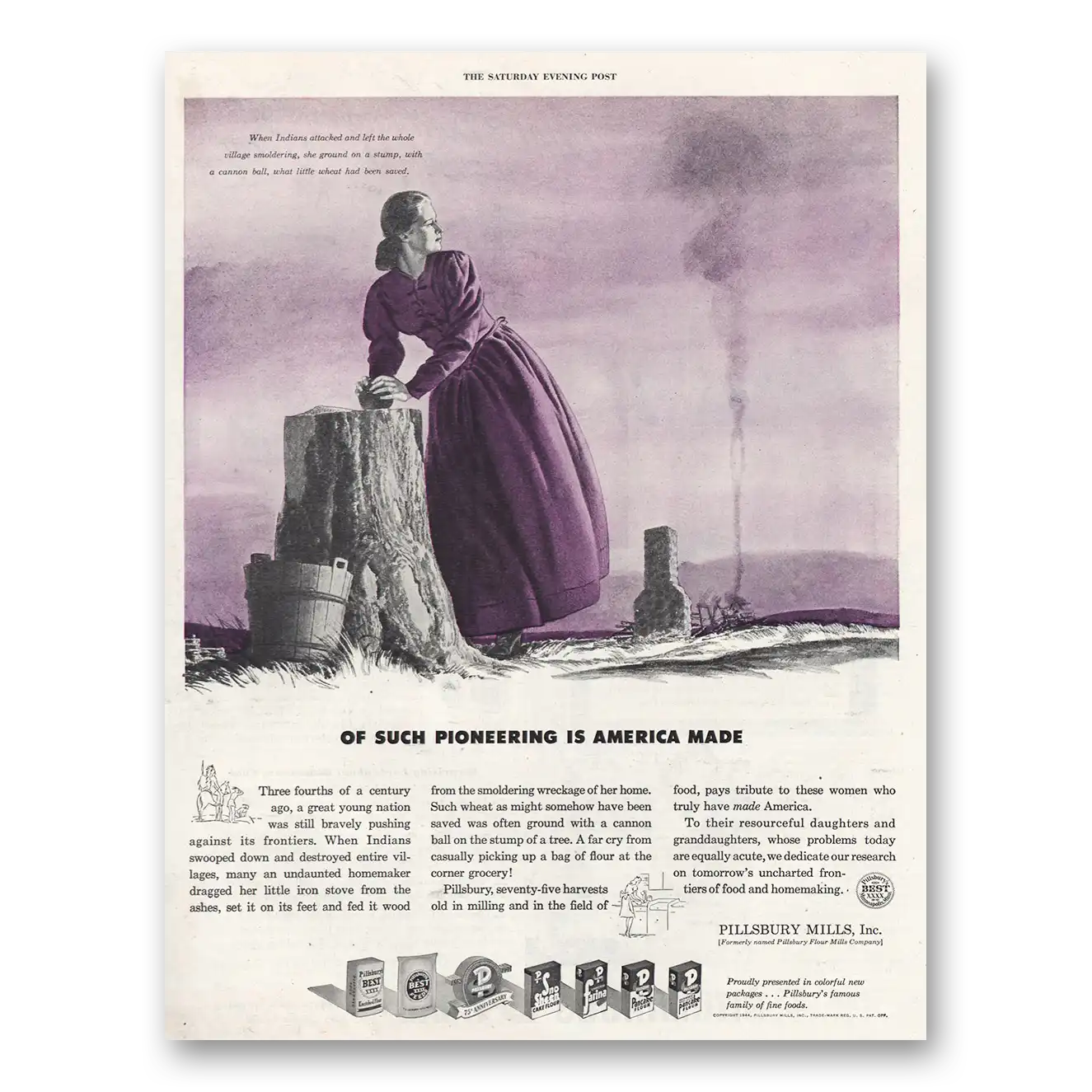 1944 Pillsbury Mills Such Pioneering is America Vintage Magazine Print Ad