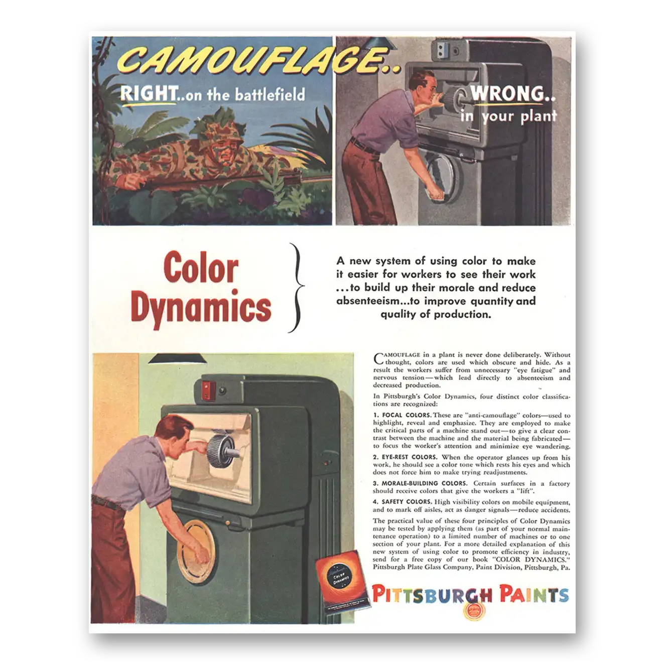 1944 Pittsburgh Paints Camouflage Color Dynamics Vintage Magazine Print Ad