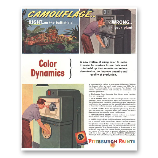 1944 Pittsburgh Paints Camouflage Color Dynamics Vintage Magazine Print Ad