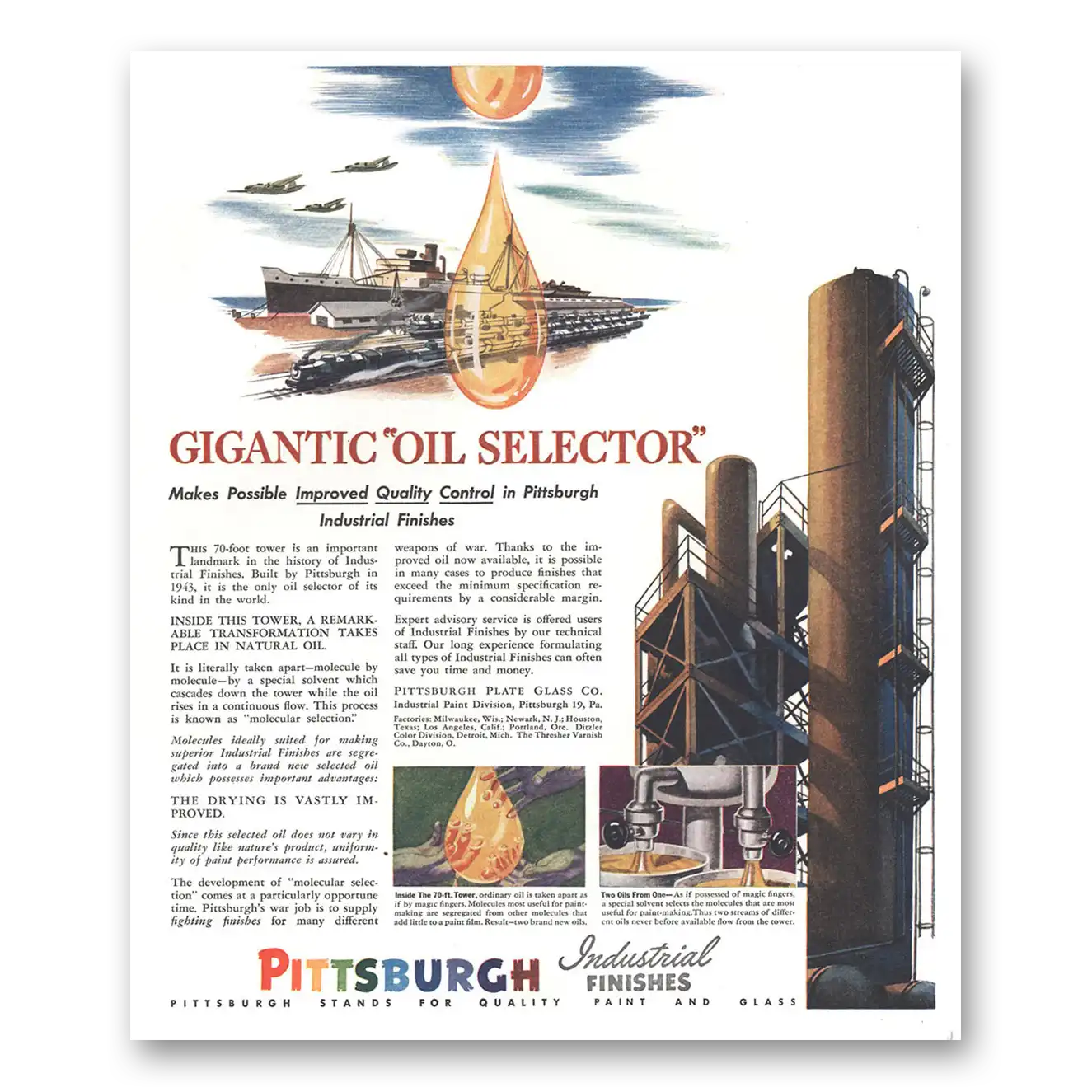 1944 Pittsburgh Industrial Finishes Gigantic Oil Selector Vintage Magazine Print Ad