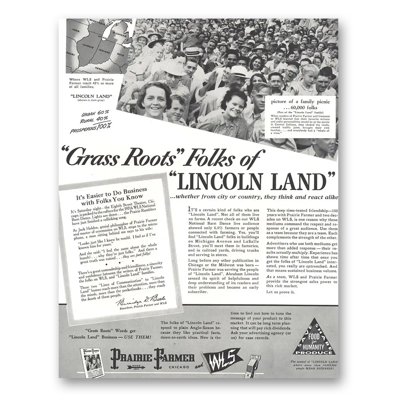 1944 Prairie Farmer WLS Grass Roots Folks of Lincoln Land Vintage Magazine Print Ad