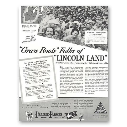 1944 Prairie Farmer WLS Grass Roots Folks of Lincoln Land Vintage Magazine Print Ad