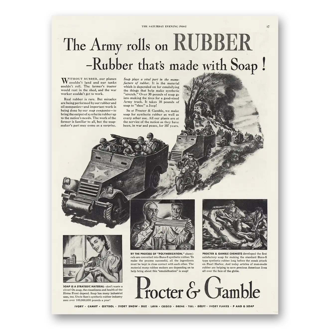 1944 Procter & Gamble Army Rolls on Rubber Made With Soap Vintage Magazine Print Ad