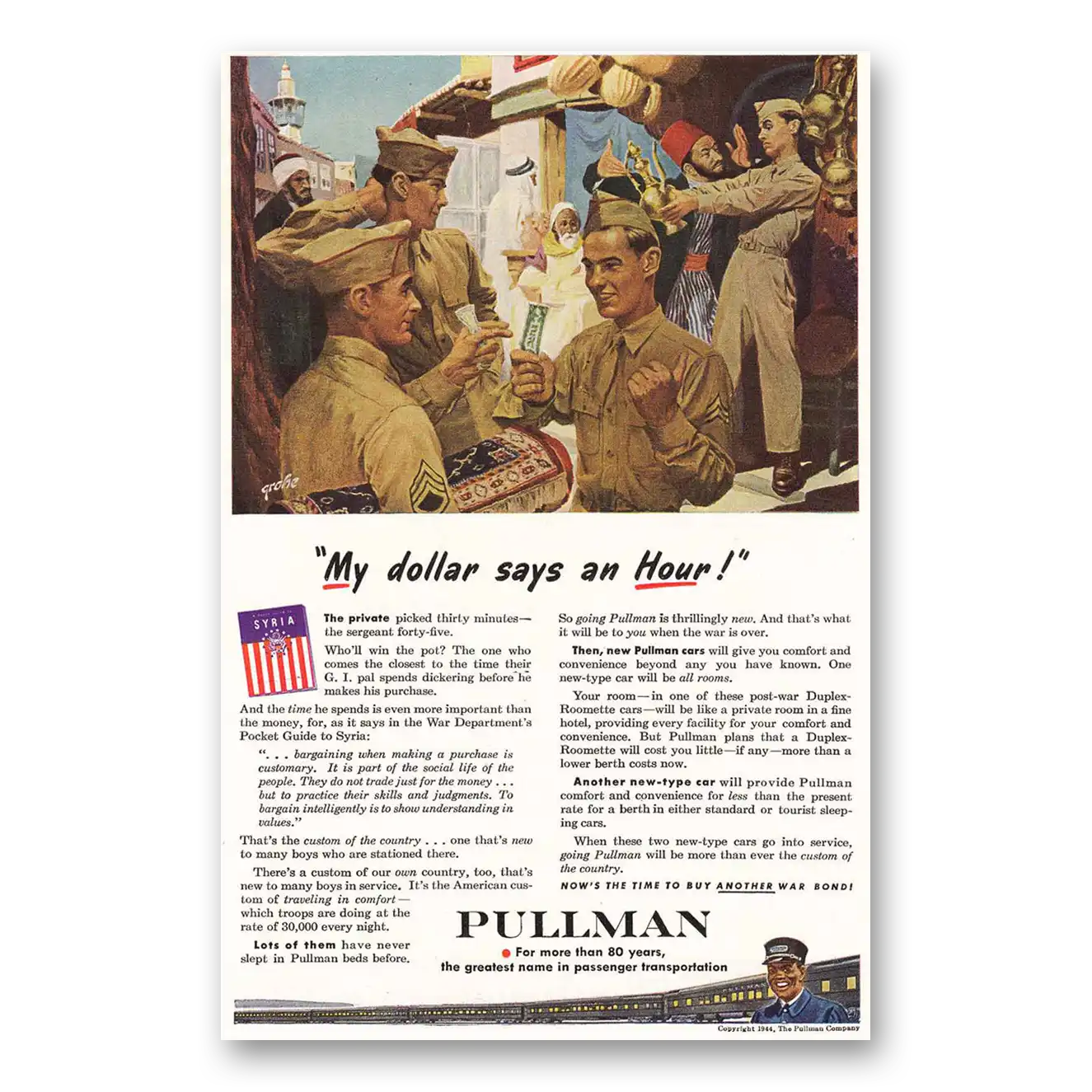 1944 Pullman Wartime My Dollar Says an Hour Vintage Magazine Print Ad