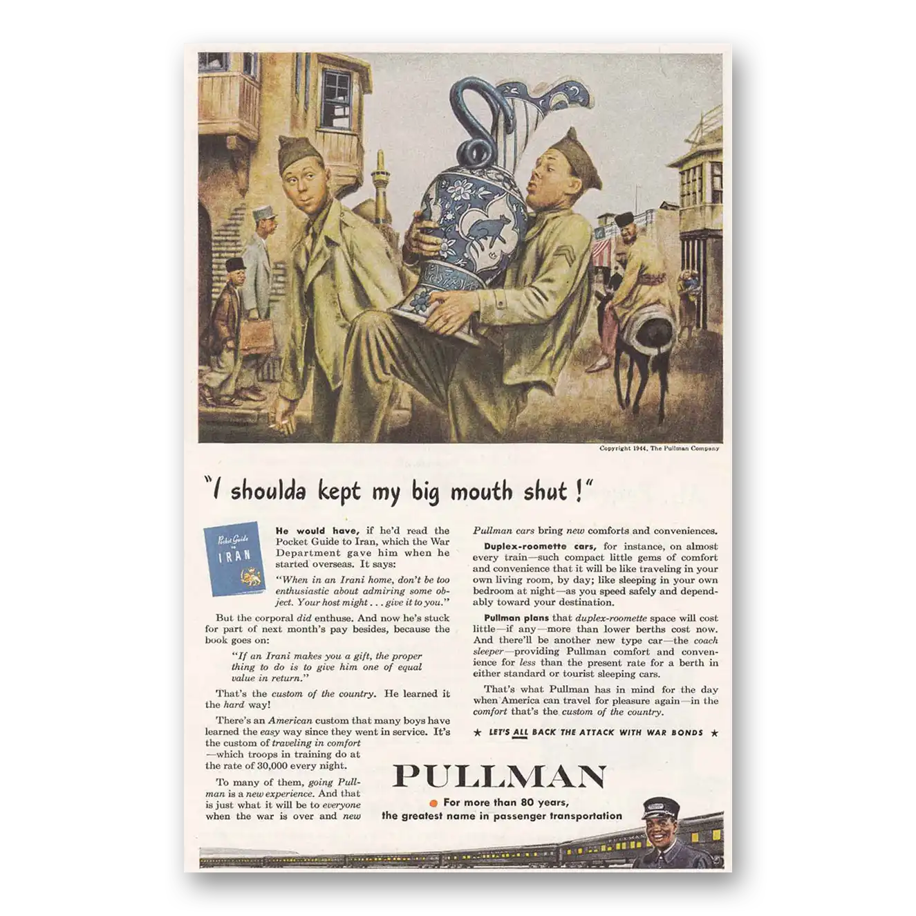 1944 Pullman I Shoulda Kept My Big Mouth Shut Vintage Magazine Print Ad