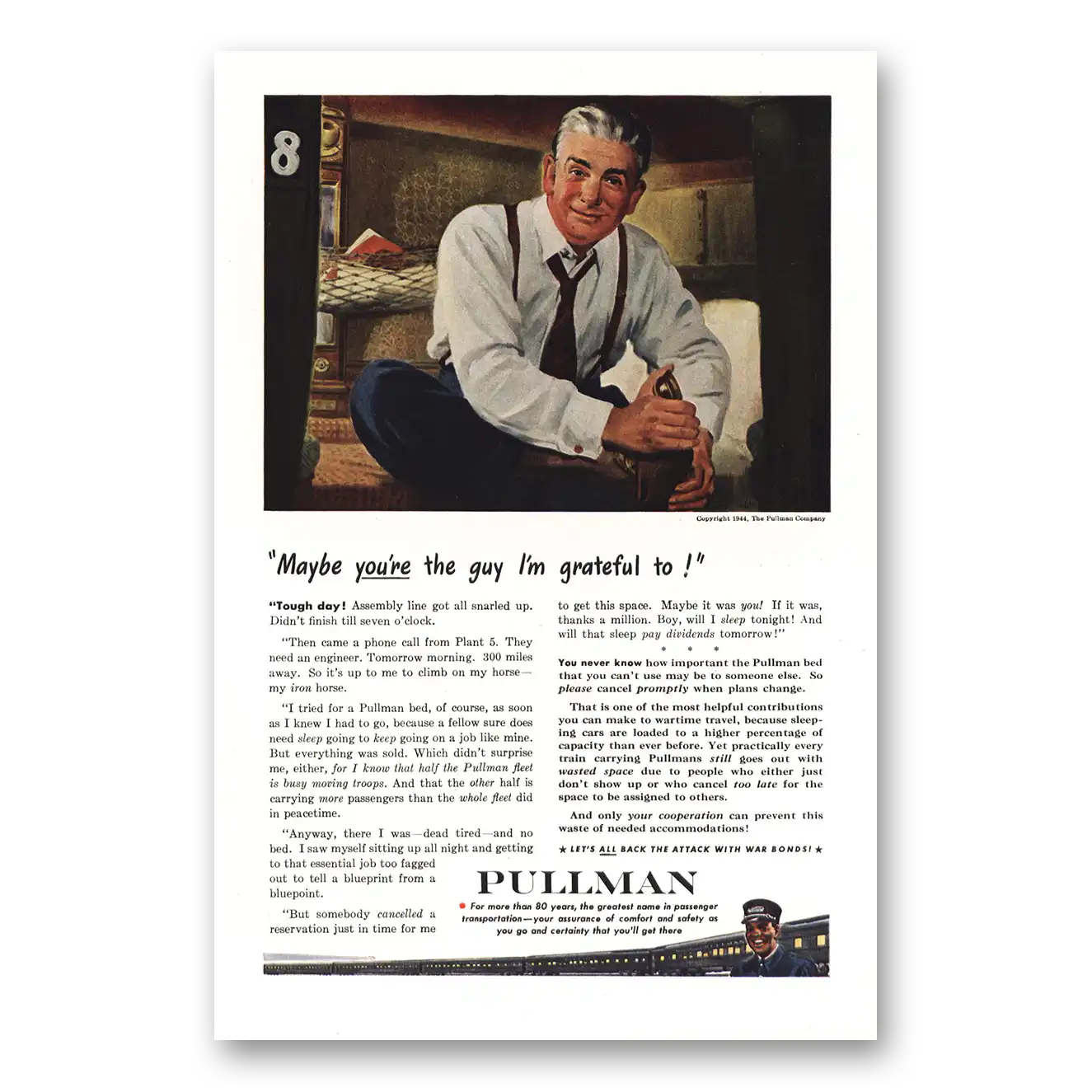 1944 Pullman Maybe You're The Guy I'm Grateful To Vintage Magazine Print Ad