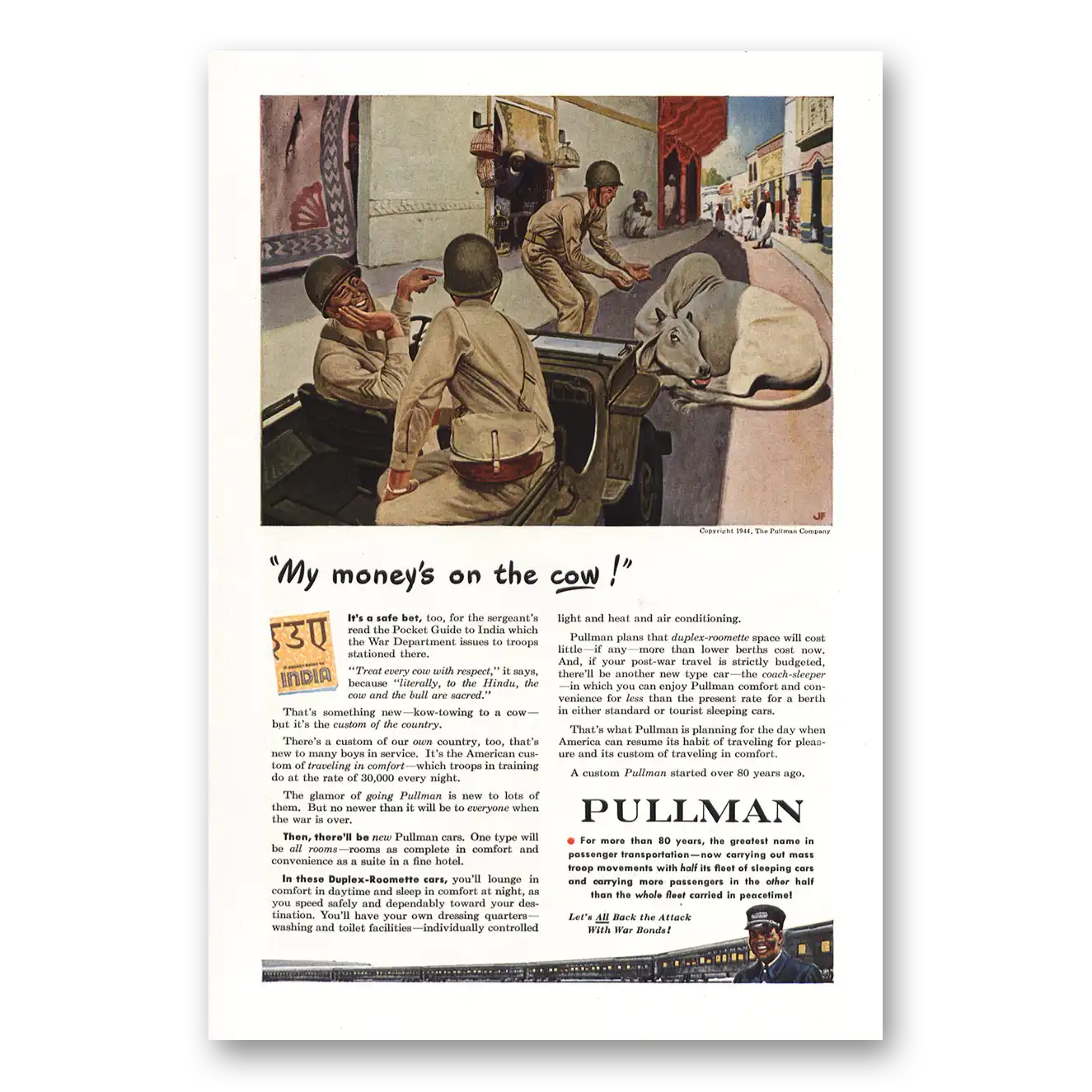 1944 Pullman My Money's on the Cow Vintage Magazine Print Ad