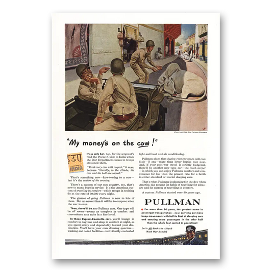 1944 Pullman My Money's on the Cow Vintage Magazine Print Ad