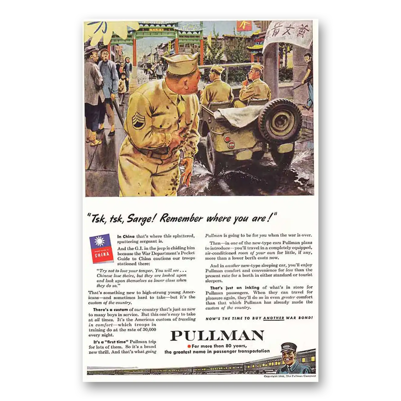 1944 Pullman Tsk Tsk Sarge Remember Where You Are Vintage Magazine Print Ad