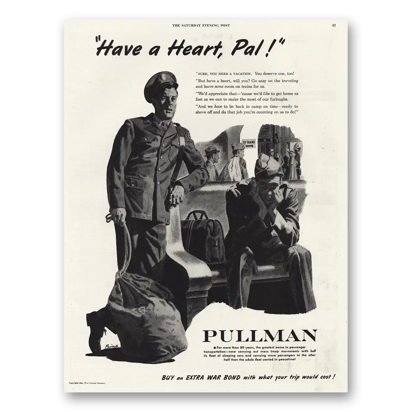 1944 Pullman Have Heart Pal Vintage Magazine Print Ad