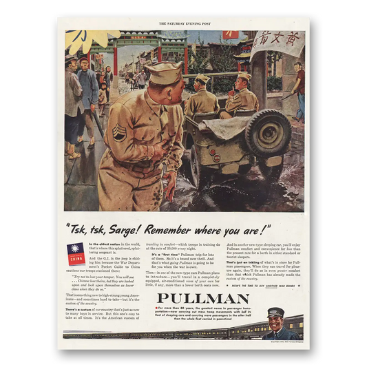 1944 Pullman Tsk Tsk Sarge Remember Where You Are Vintage Magazine Print Ad