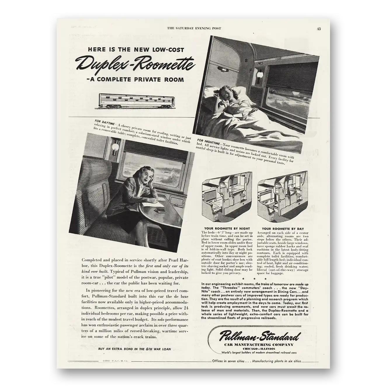 1944 Pullman Duplex Roomette Complete Private Room Vintage Magazine Print Ad