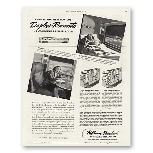 1944 Pullman Duplex Roomette Complete Private Room Vintage Magazine Print Ad