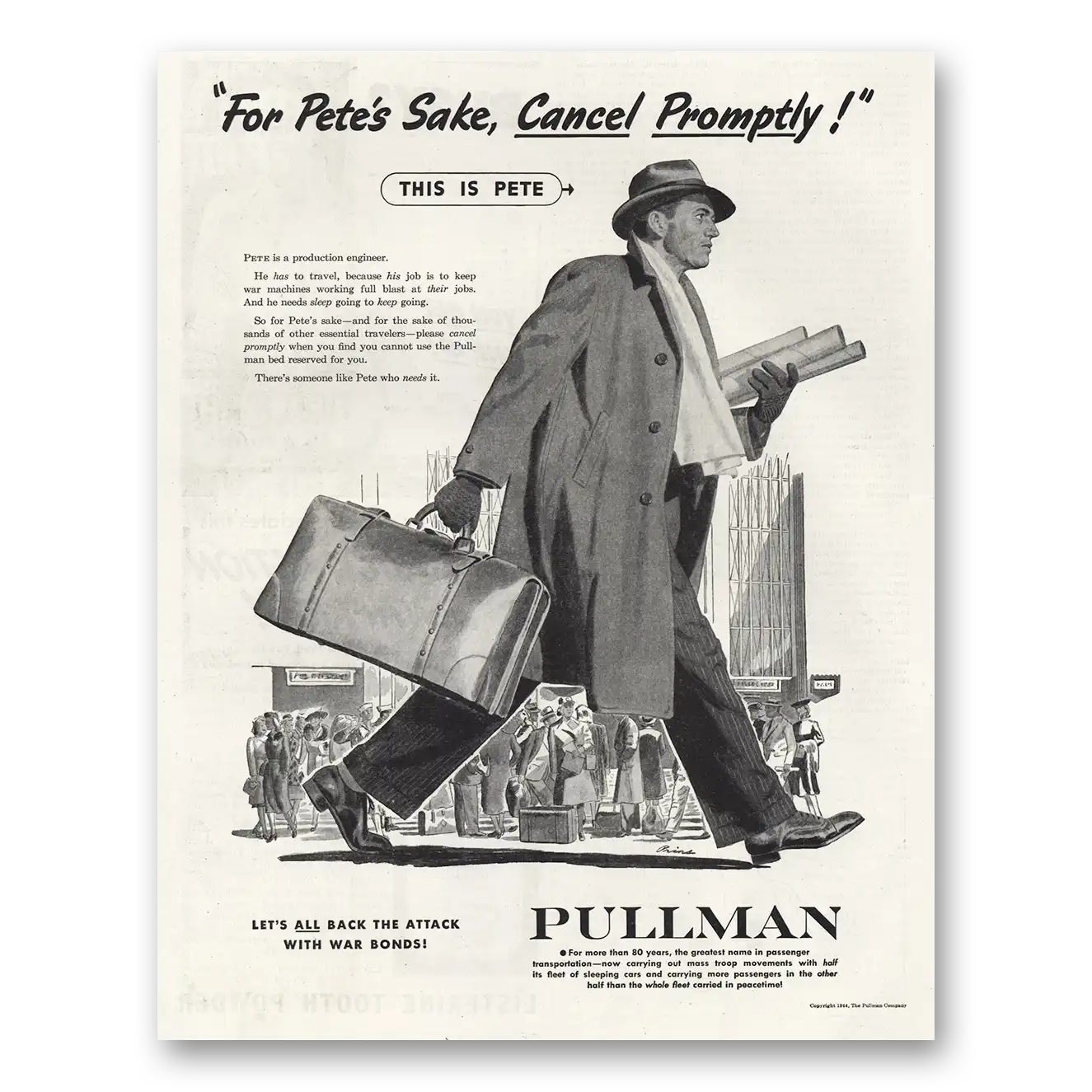 1944 Pullman Petes Sake Cancel Promptly Vintage Magazine Print Ad