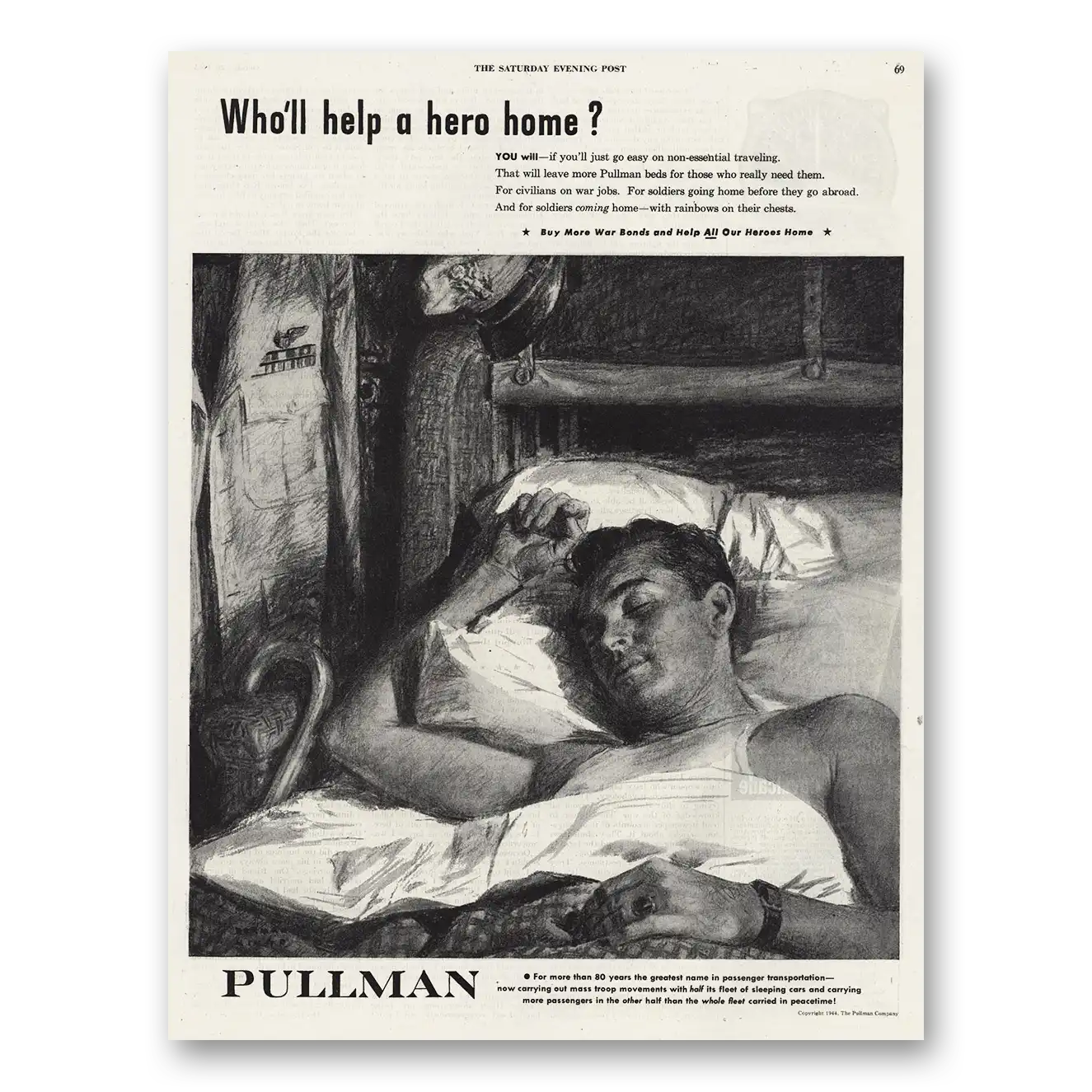 1944 Pullman Help a Hero Home Vintage Magazine Print Ad