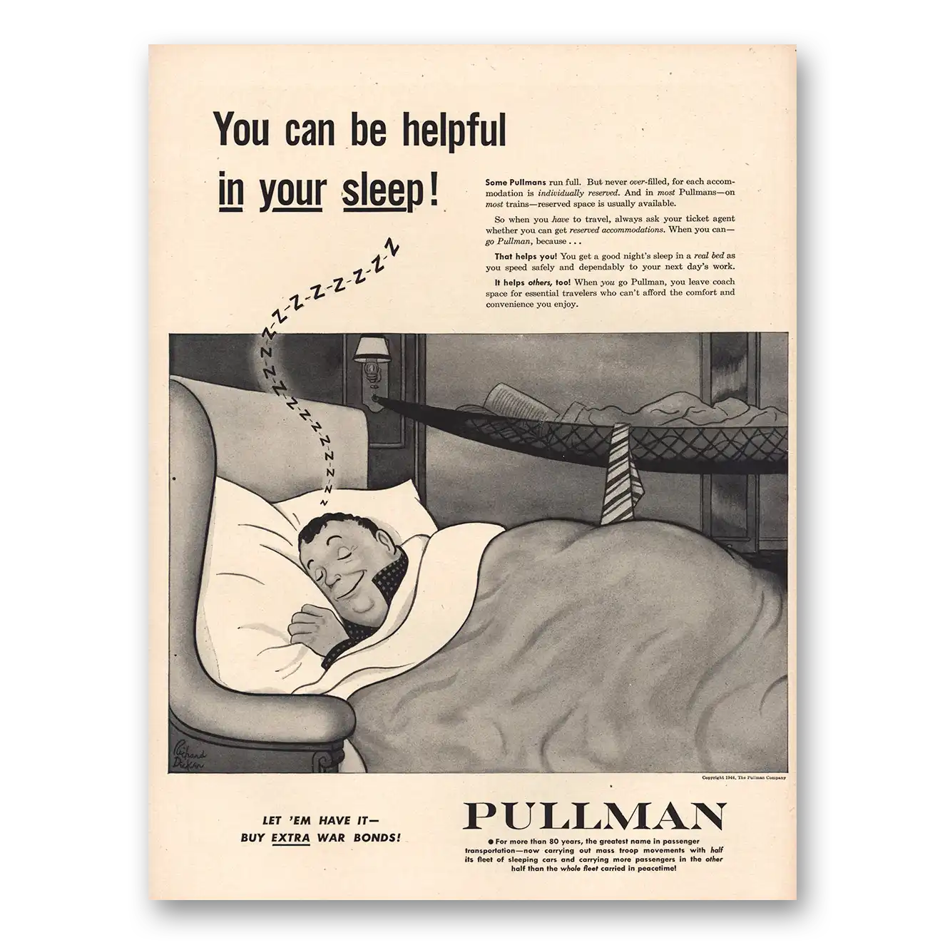 1944 Pullman Helpful In Your Sleep Vintage Magazine Print Ad