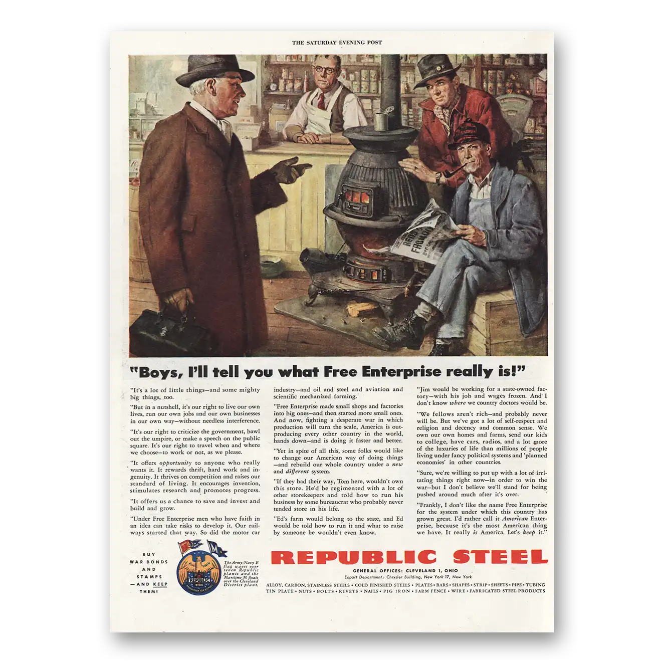 1944 Republic Steel What Free Enterprise Really Is Vintage Magazine Print Ad