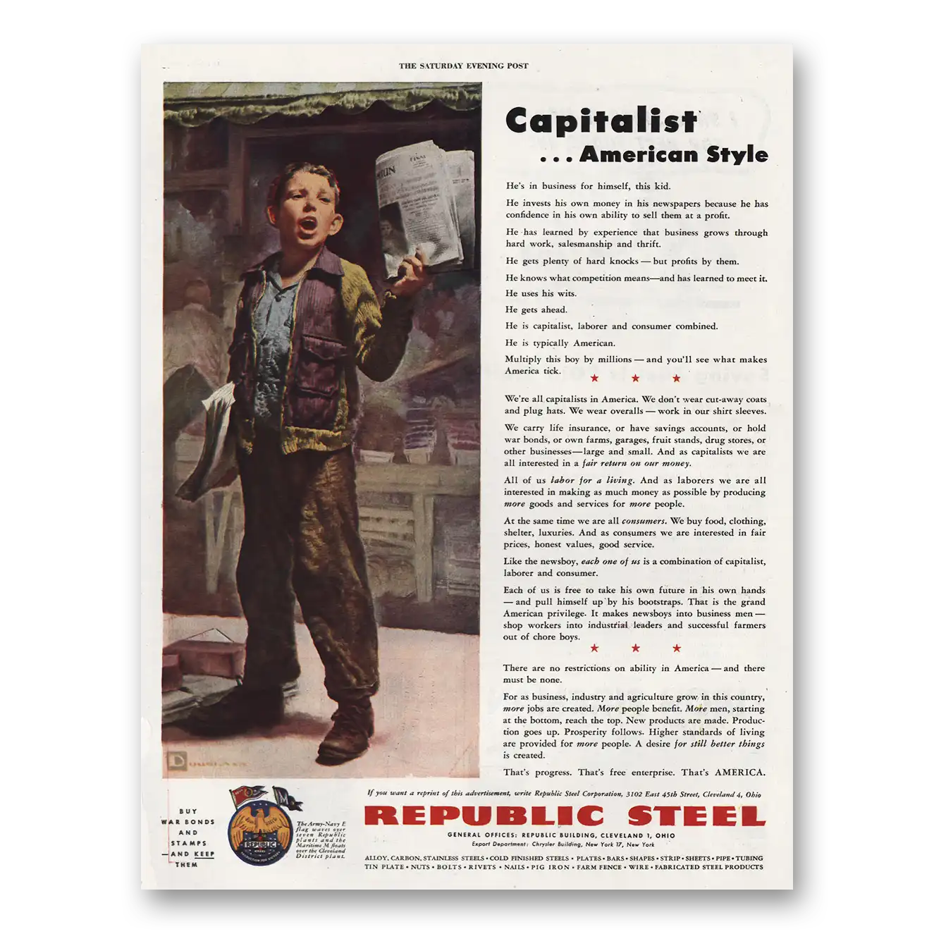 1944 Republic Steel Capitalist American Style Vintage Magazine Print Ad