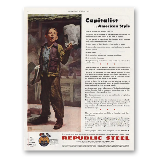 1944 Republic Steel Capitalist American Style Vintage Magazine Print Ad