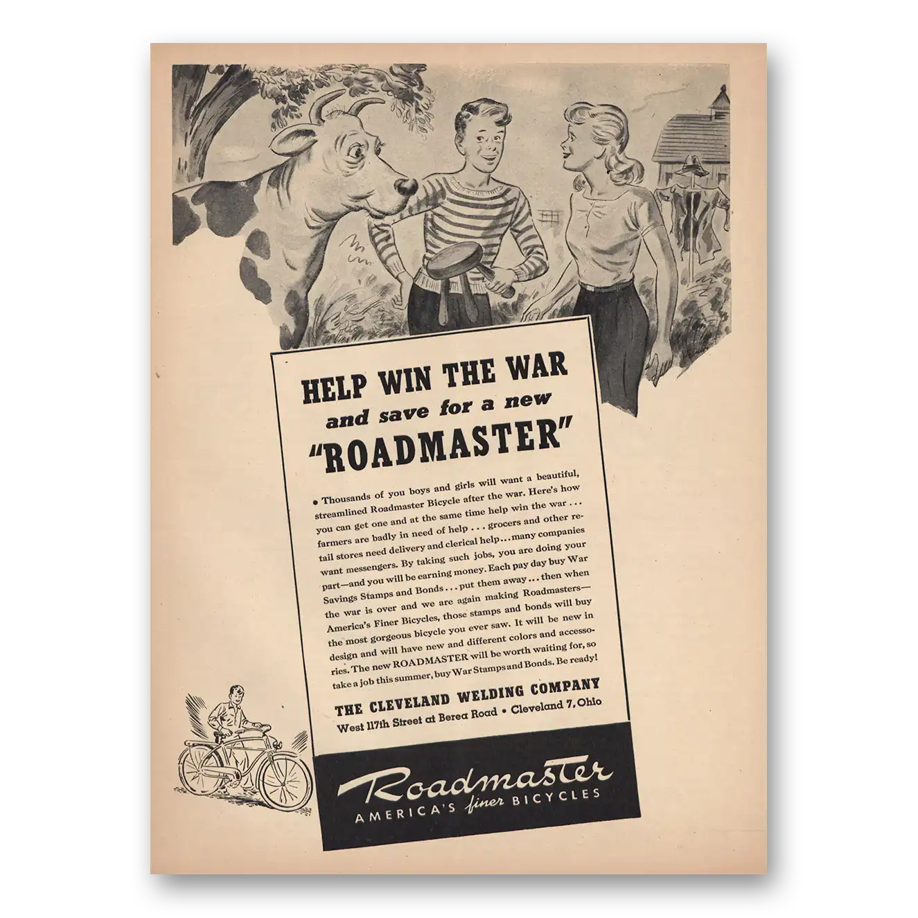 1944 Roadmaster Bicycles Help Win the War Vintage Magazine Print Ad