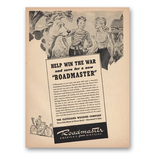 1944 Roadmaster Bicycles Help Win the War Vintage Magazine Print Ad