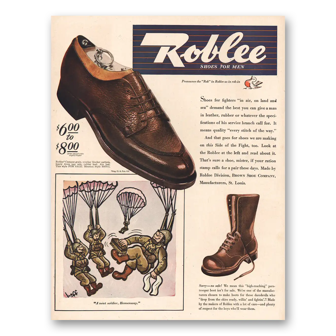 1944 Roblee Shoes Shoes for Fighters Vintage Magazine Print Ad