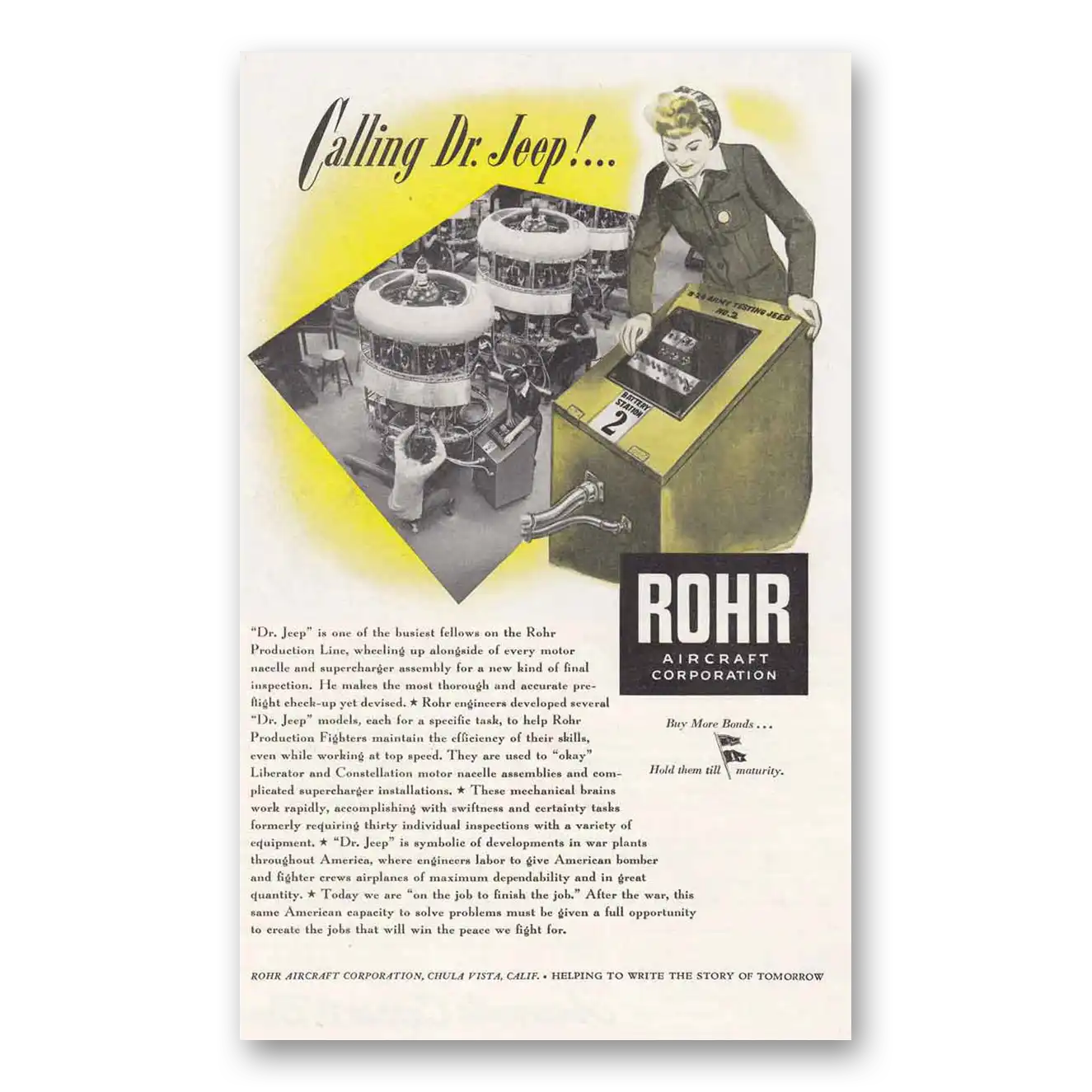 1944 Rohr Aircraft Calling Dr Jeep Vintage Magazine Print Ad