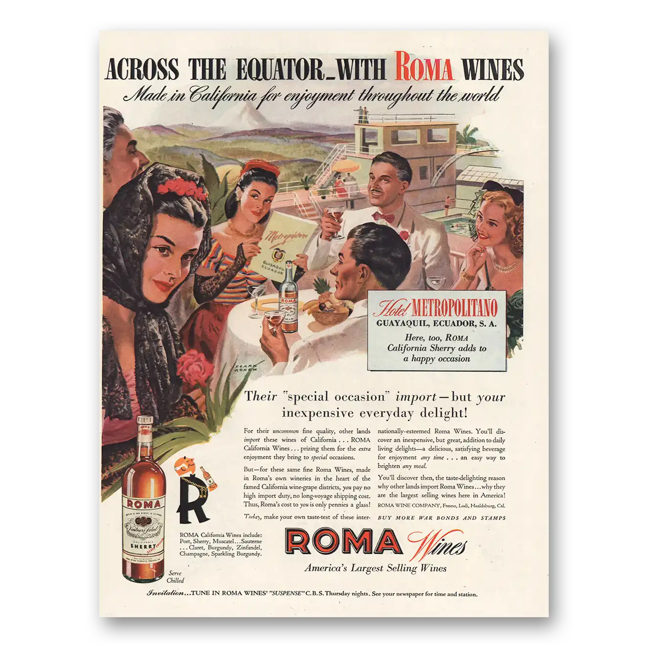 1944 Roma Wines Across the Equator Vintage Magazine Print Ad