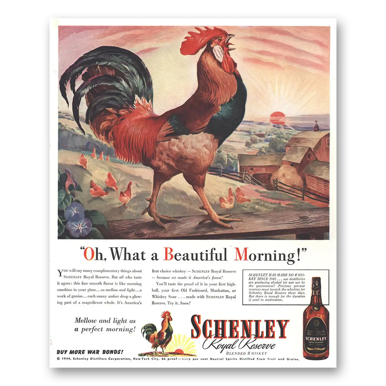 1944 Schenley Whiskey Oh What a Beautiful Morning Vintage Magazine Print Ad