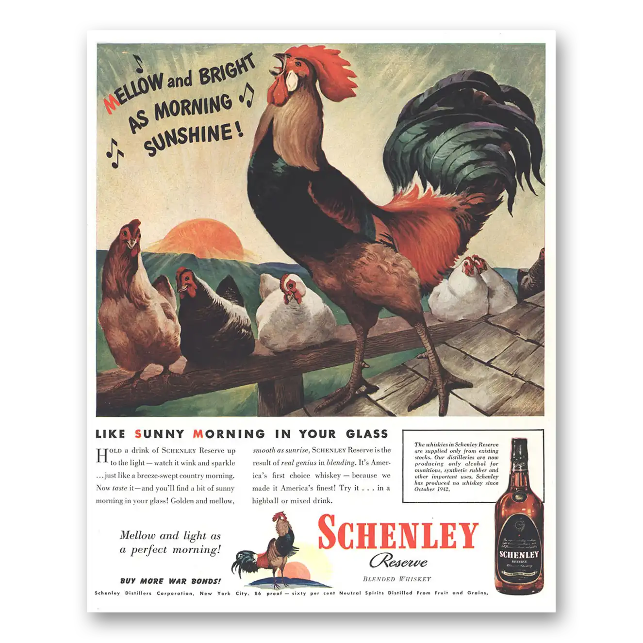 1944 Schenley Whiskey Mellow and Bright Vintage Magazine Print Ad