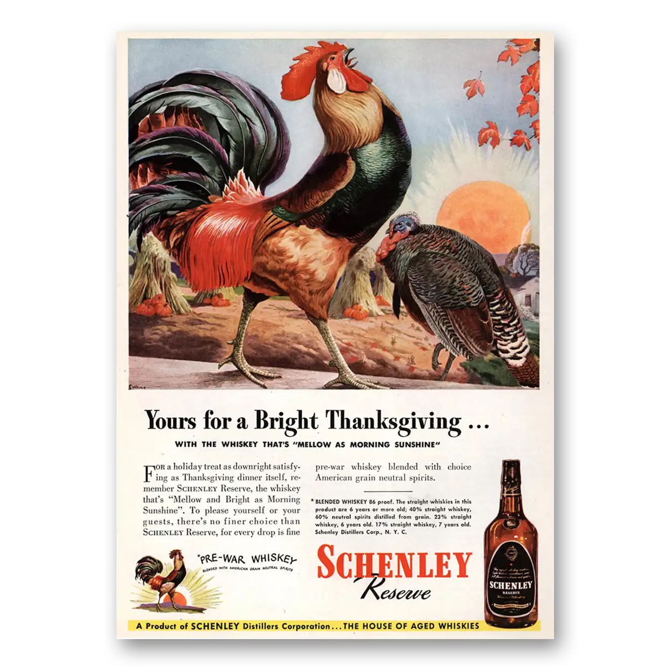 1944 Schenley Whiskey Yours for a Bright Thanksgiving Vintage Magazine Print Ad