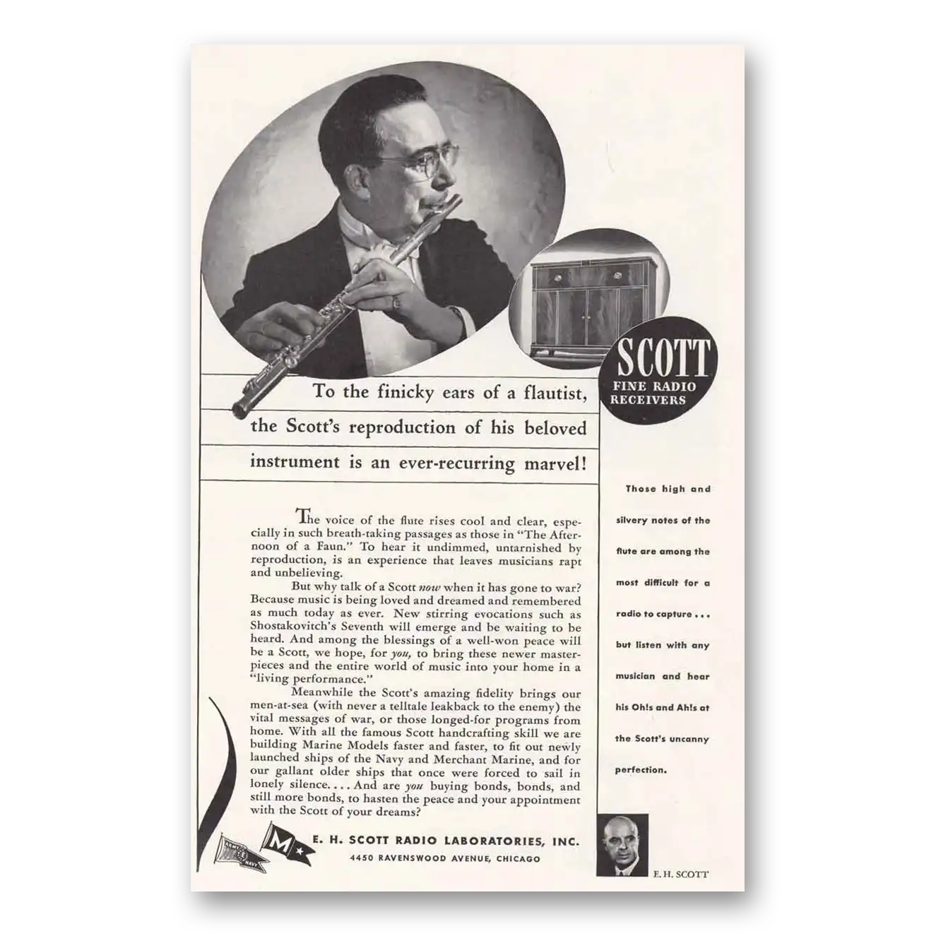 1944 Scott Radio Fine Radio Receivers Finicky Ears of Flautist Vintage Magazine Print Ad