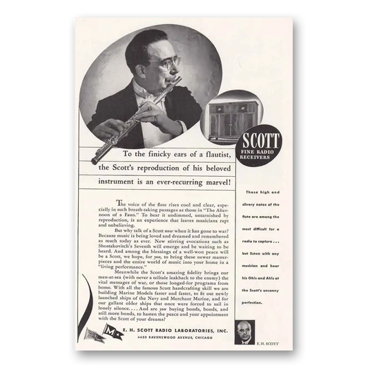 1944 Scott Radio Fine Radio Receivers Finicky Ears of Flautist Vintage Magazine Print Ad