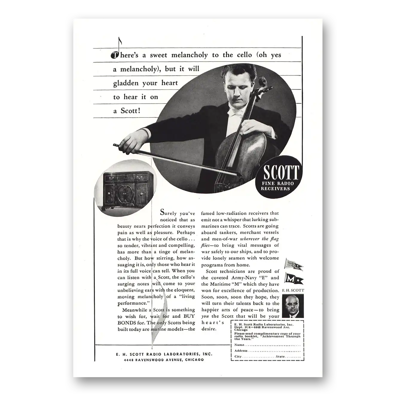 1944 Scott Radio Sweet Melancholy Cello Vintage Magazine Print Ad