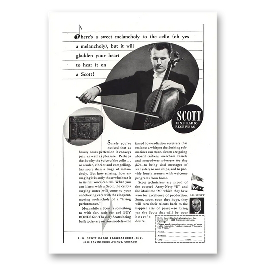 1944 Scott Radio Sweet Melancholy Cello Vintage Magazine Print Ad