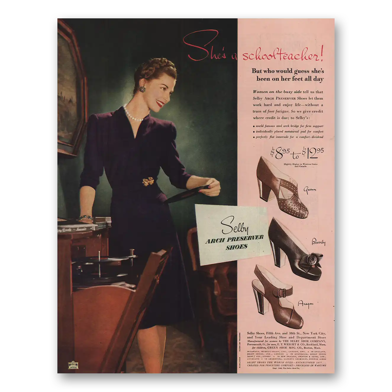 1944 Selby Shoe School Teacher Vintage Magazine Print Ad