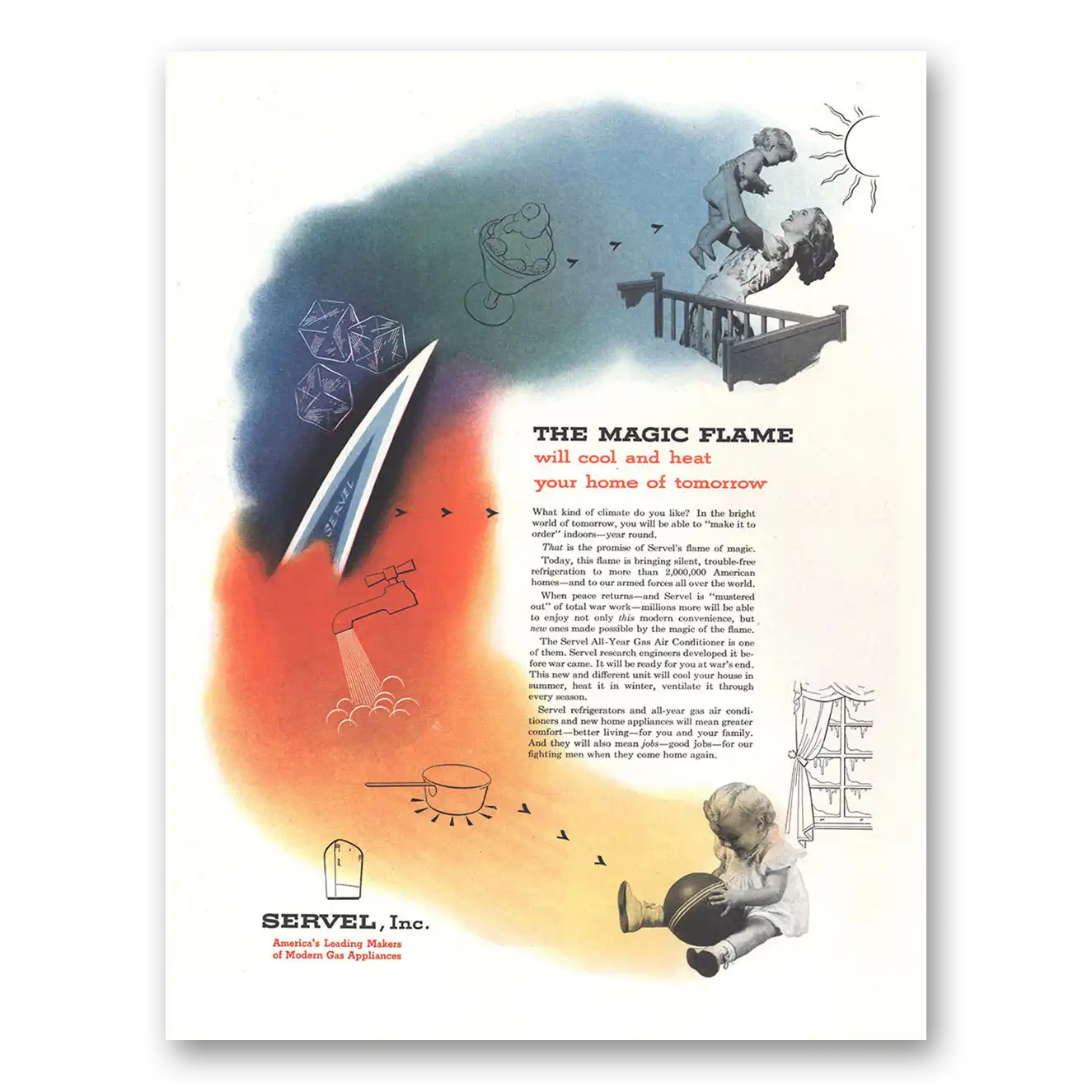 1944 Servel Gas Appliances Magic Flame Will Cool and Heat Vintage Magazine Print Ad