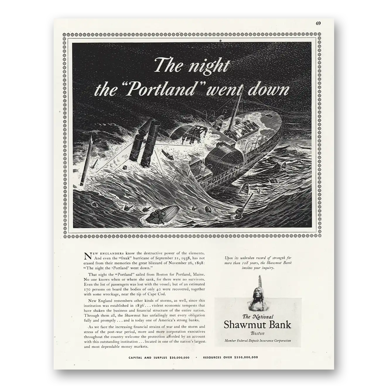 1944 National Shawmut Bank Night the Portland Went Down Vintage Magazine Print Ad